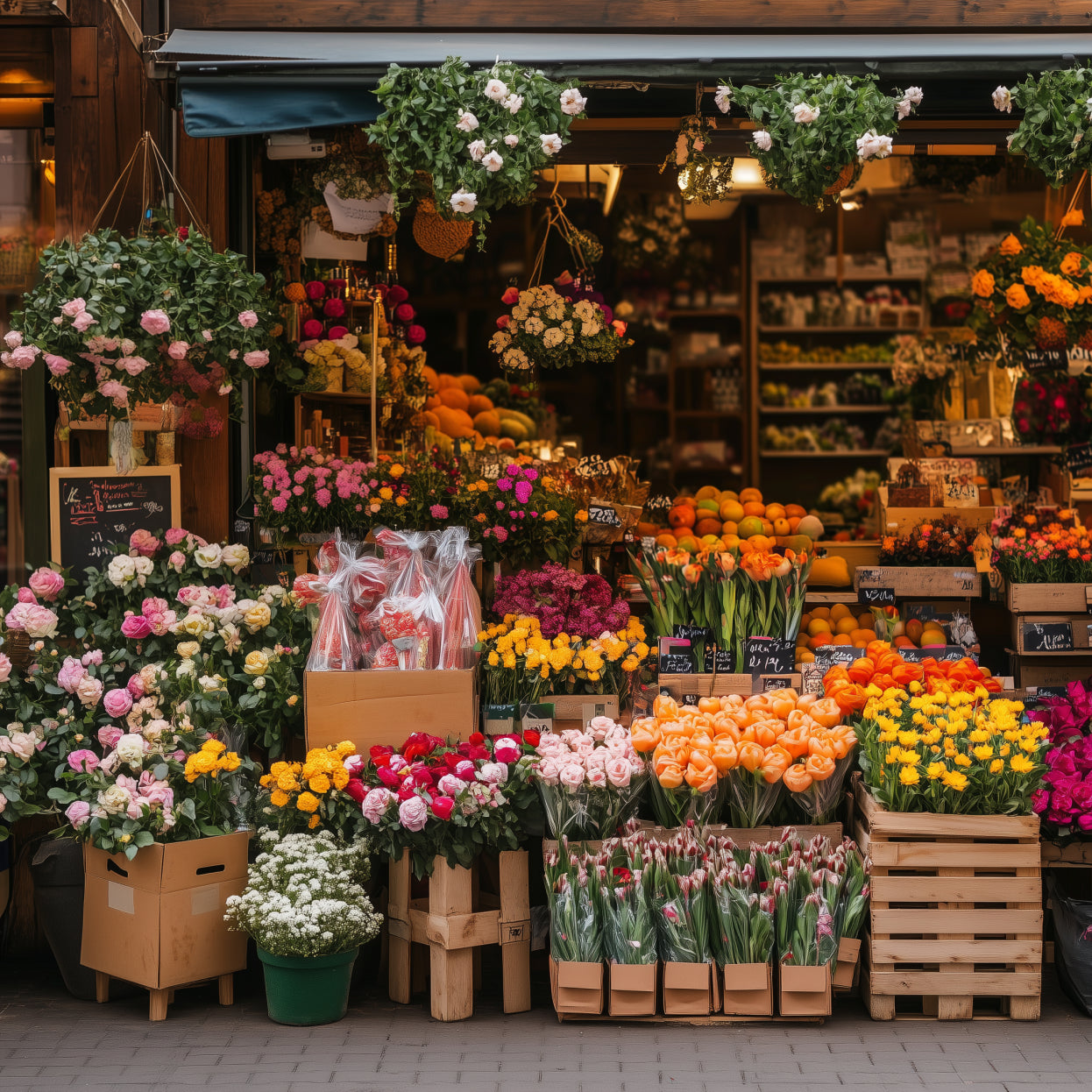 Neighborhood storefront with flowers, part of the Birdega world